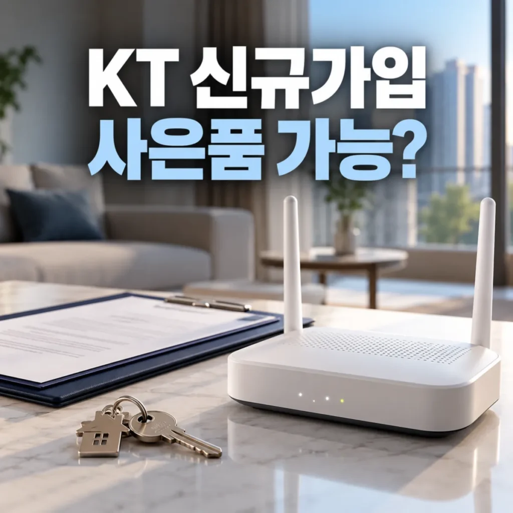 이전 세입자가 KT 인터넷을 사용한 아파트 거실에 와이파이 공유기와 임대차계약서, 집 열쇠가 놓여 있으며 KT 신규가입 사은품 가능 여부를 안내하는 이미지