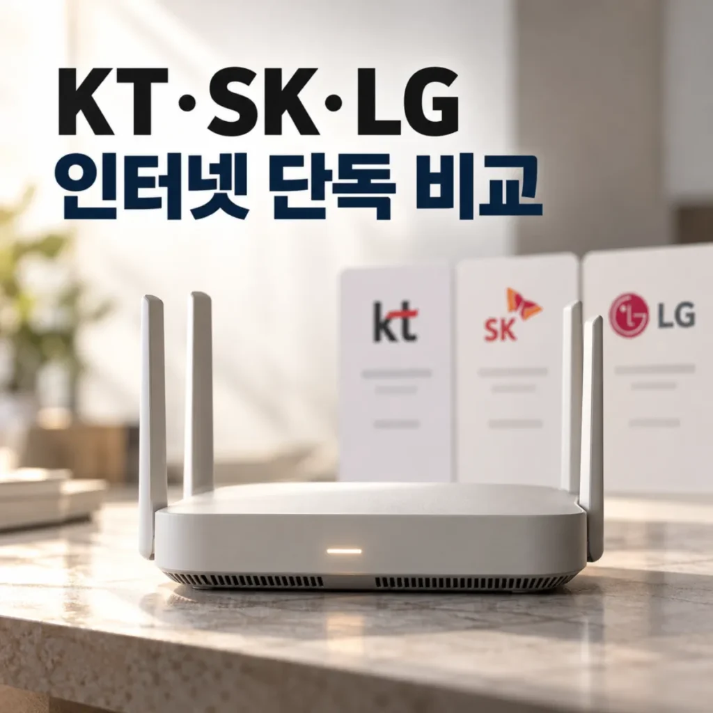 KT·SK·LG 인터넷 단독 가입 요금과 현금 사은품을 비교하는 이미지, 중앙 와이파이 공유기와 통신 3사 비교 화면