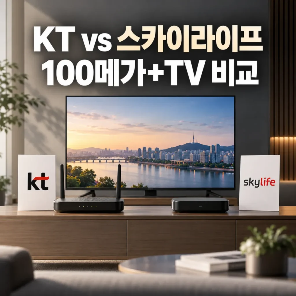 KT와 KT스카이라이프 100메가 인터넷+TV 월요금·설치비·사은품 비교를 주제로, 거실 TV와 와이파이 공유기, 셋톱박스 및 양사 로고를 배치한 이미지