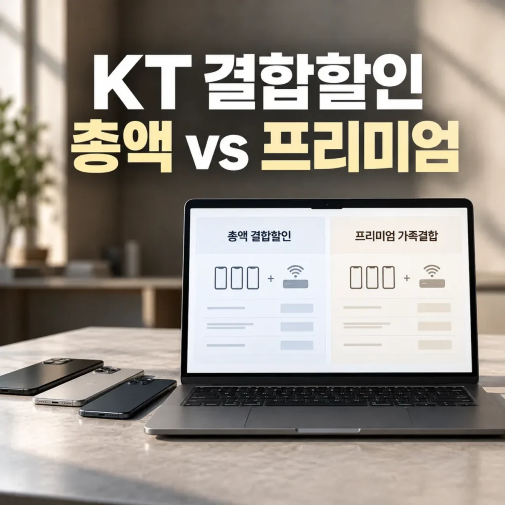 KT 총액 결합할인과 프리미엄 가족결합을 비교하는 노트북 화면과 휴대폰 3대가 놓인 책상, KT 500메가 인터넷 가족결합 할인 비교 이미지
