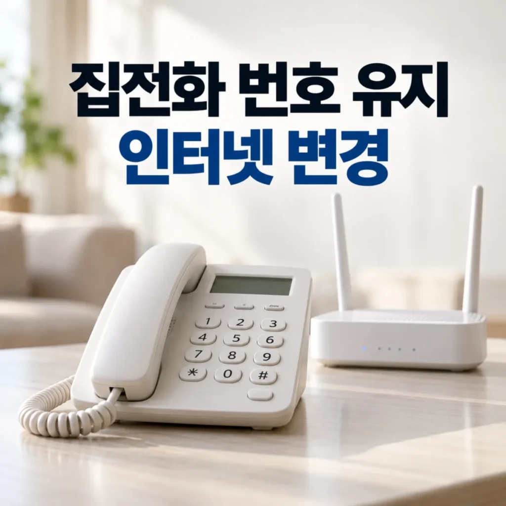 집전화 번호를 유지하면서 KT·SK·LG 인터넷 통신사를 변경하는 방법을 안내하는 대표 이미지, 가정용 유선전화기와 와이파이 공유기가 놓여 있고 '집전화 번호 유지 인터넷 변경' 문구가 표시된 모습