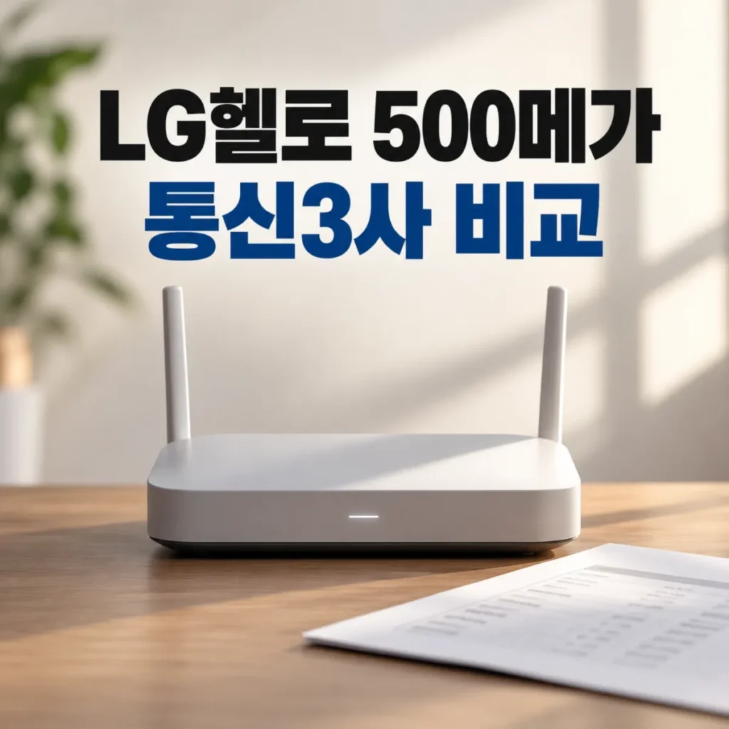 LG헬로비전 500메가와 KT·SK·LG 통신 3사 인터넷 단독 요금 및 36개월 총비용 비교를 주제로, 와이파이 공유기와 요금 비교 서류 위에 'LG헬로 500메가 통신3사 비교' 문구가 표시된 이미지