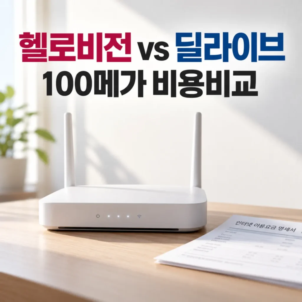 LG헬로비전과 딜라이브 100메가 인터넷 단독 요금 비교를 나타낸 이미지로, 책상 위 와이파이 공유기와 인터넷 요금 명세서, 헬로비전 vs 딜라이브 100메가 비용비교 문구가 배치된 모습
