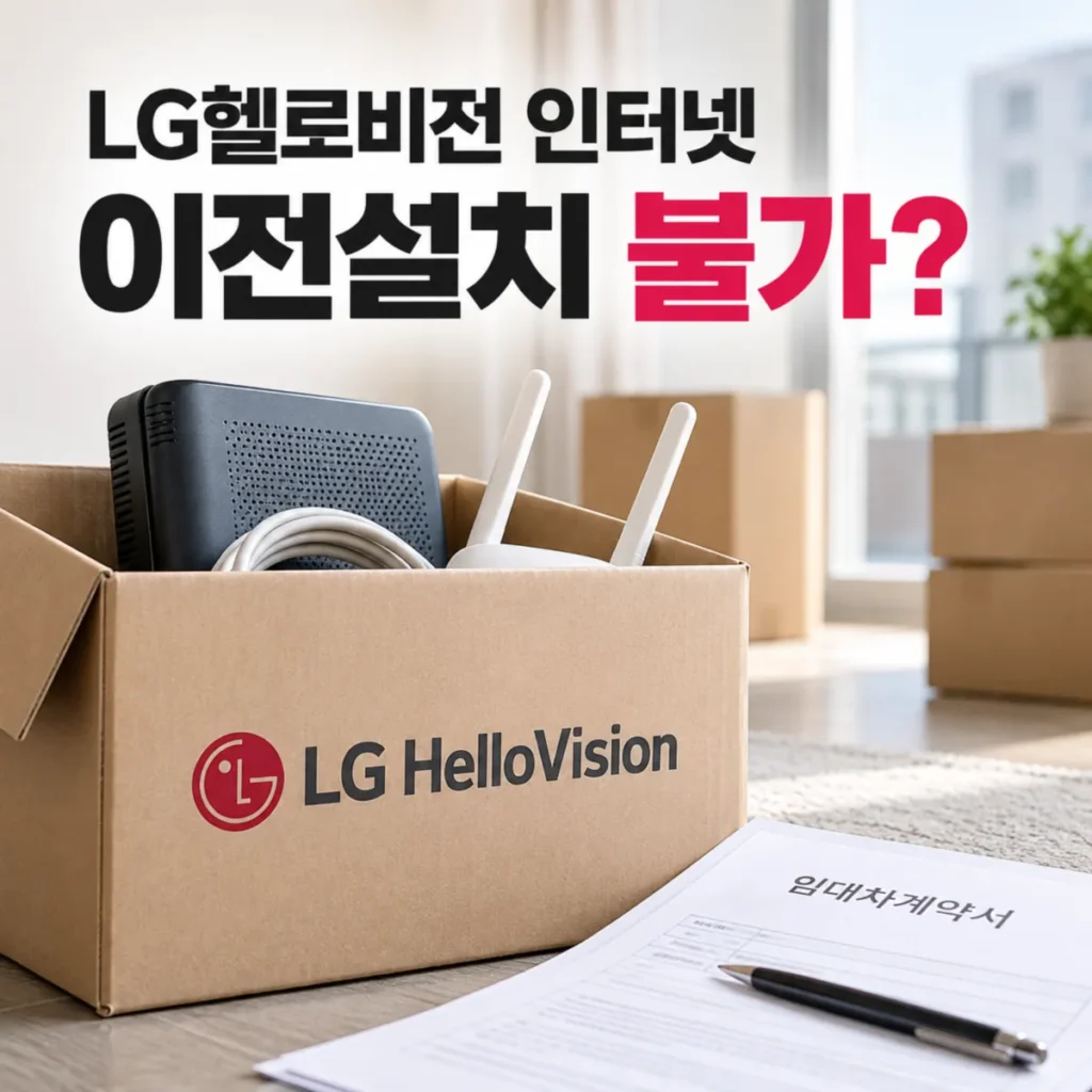 LG헬로비전 인터넷 이전설치 불가 지역으로 이사하는 상황을 표현한 이미지로, 인터넷 공유기와 케이블이 담긴 이삿짐 상자 옆에 위약금 면제 해지에 필요한 임대차계약서가 놓인 모습