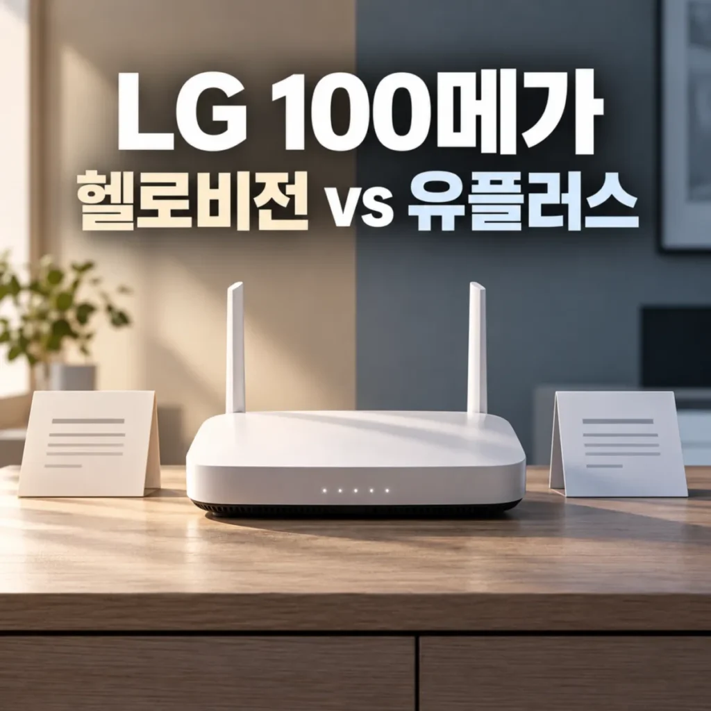LG헬로비전과 LG유플러스 100메가 인터넷 단독 요금 및 36개월 비용 비교를 주제로, 중앙에 흰색 와이파이 공유기와 상단에 두 통신사 비교 문구가 배치된 이미지