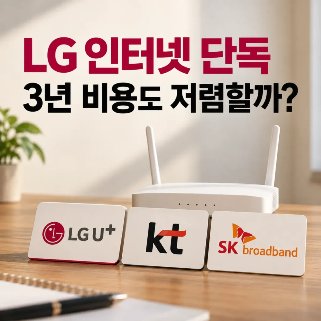 LG 인터넷 단독 가입 시 KT·SK와의 현금 사은품 및 3년 총비용 비교를 상징하는 와이파이 공유기와 통신 3사 로고 이미지