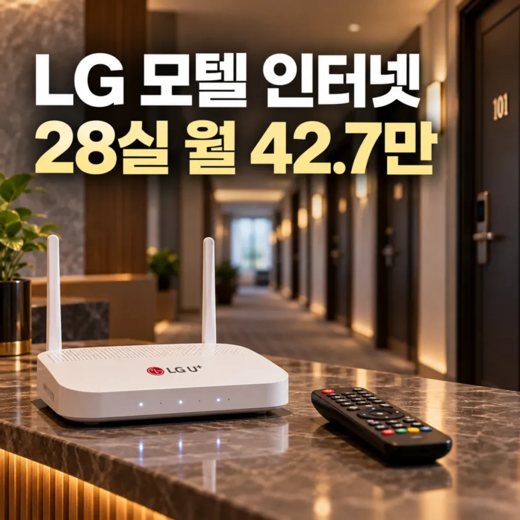 LG유플러스 모텔 인터넷 28실 월 42만 7천원 요금 안내 이미지, 모텔 객실 복도를 배경으로 LG U+ 와이파이 공유기와 IPTV 리모컨이 놓인 모습