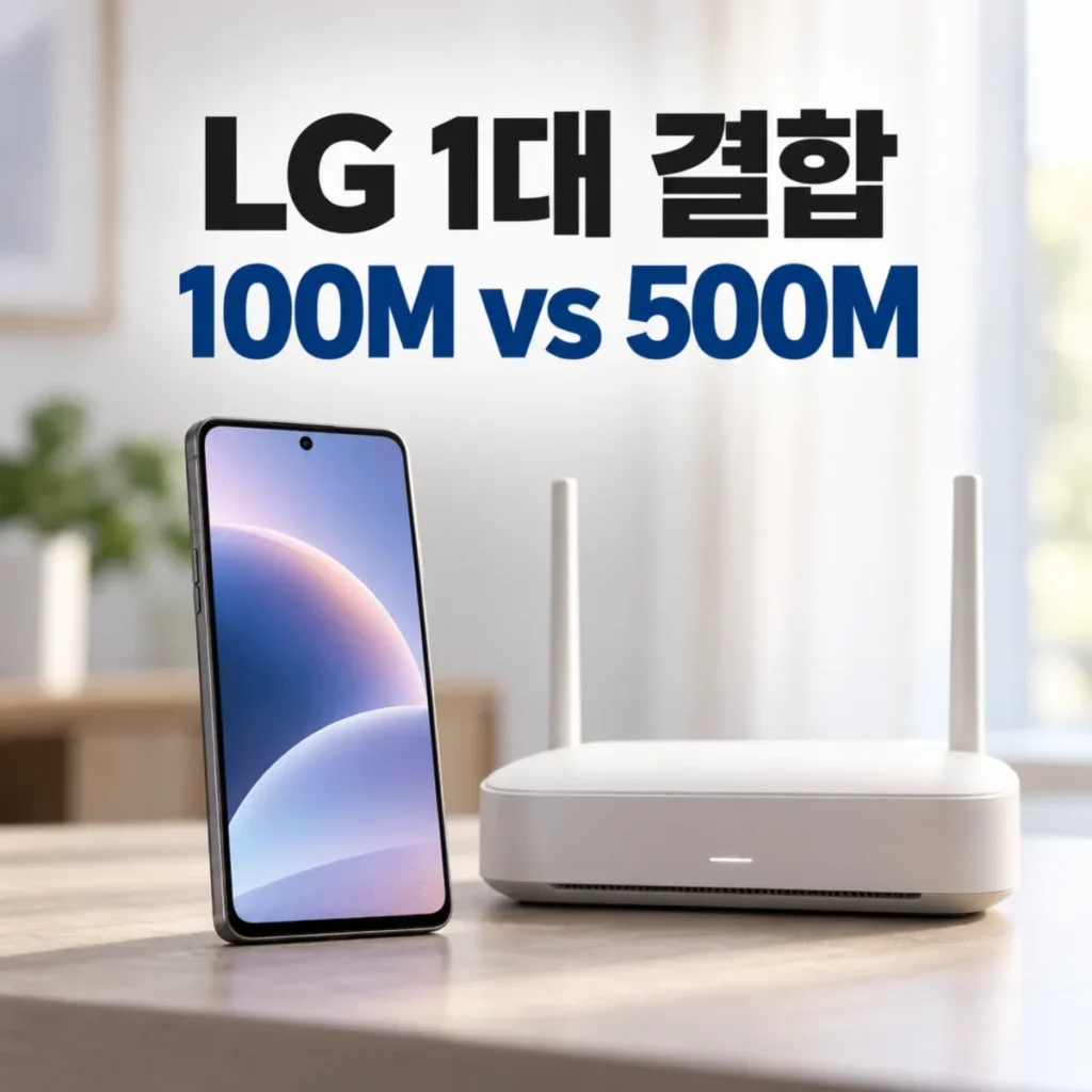 LG 휴대폰 1대 인터넷 결합할인과 100메가·500메가 요금 비교를 나타낸 이미지로, 스마트폰과 와이파이 공유기 위에 LG 1대 결합 100M vs 500M 문구가 표시된 모습