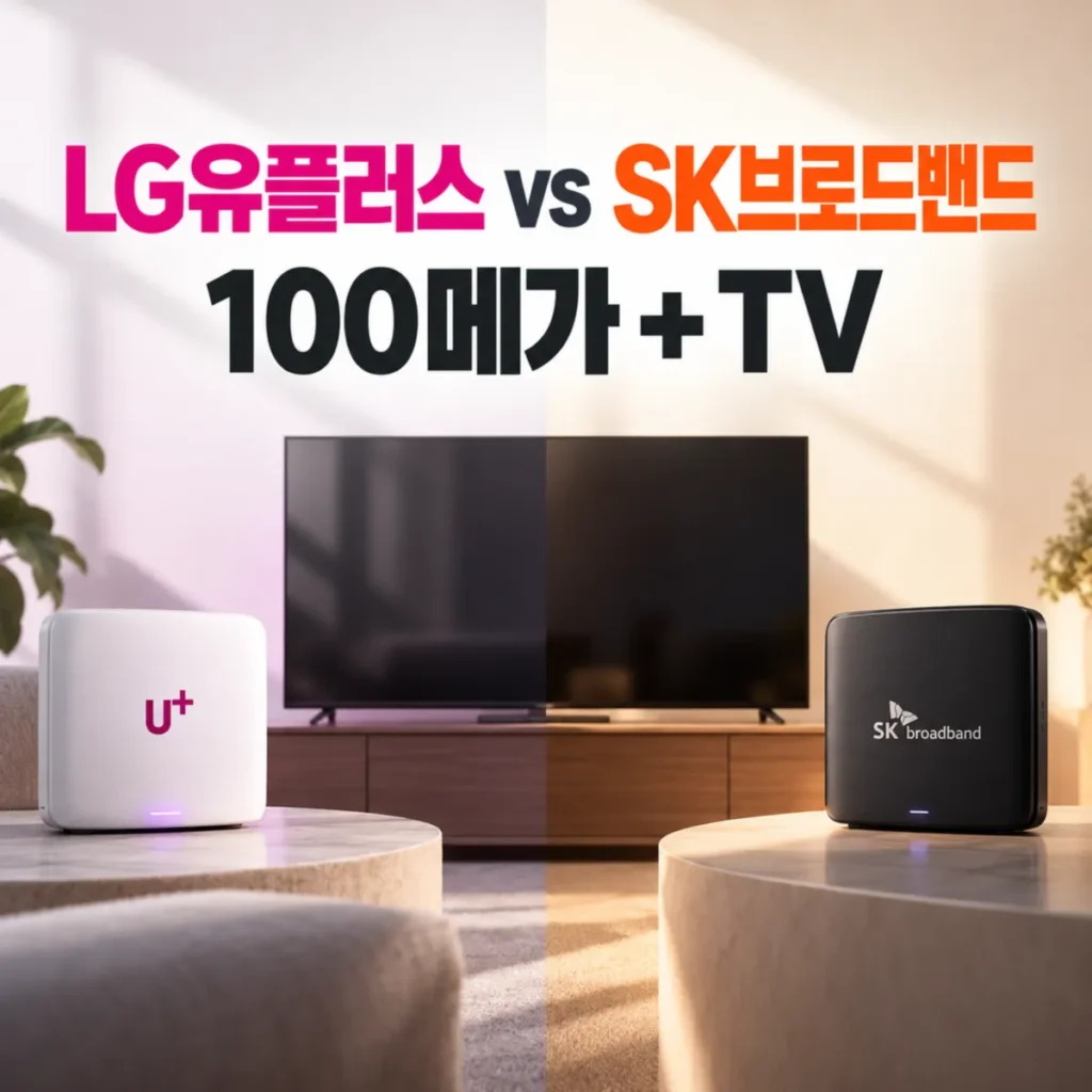 LG유플러스와 SK브로드밴드 100메가 인터넷 TV 요금 및 3년 비용 비교, 거실 TV와 양사 인터넷 공유기를 배치한 이미지