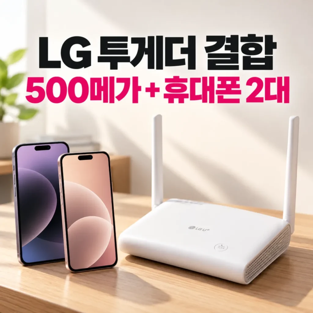 LG 투게더 결합 500메가 인터넷과 휴대폰 2대의 할인 혜택을 표현한 이미지로, 흰색 와이파이 공유기와 스마트폰 2대 위에 LG 투게더 결합 안내 문구가 배치된 모습