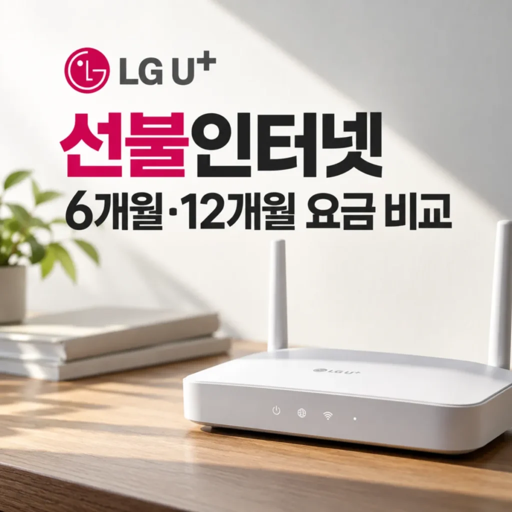 LG U+ 선불인터넷 6개월·12개월 요금 비교 안내 이미지, 원목 책상 위 흰색 와이파이 공유기와 선불인터넷 이용 기간별 요금 비교 문구