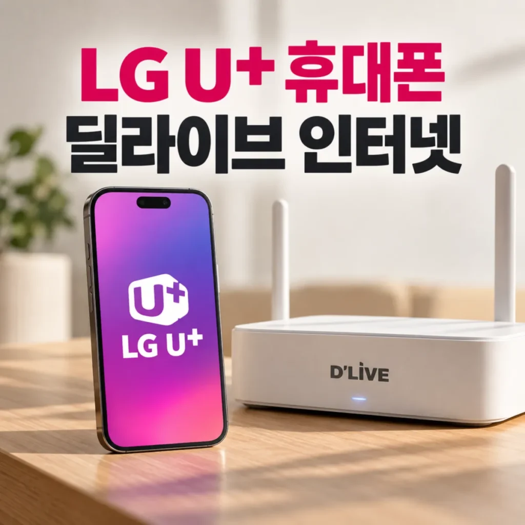 LGU+ 휴대폰 딜라이브 인터넷 결합 할인을 상징하는 스마트폰과 와이파이 공유기 이미지