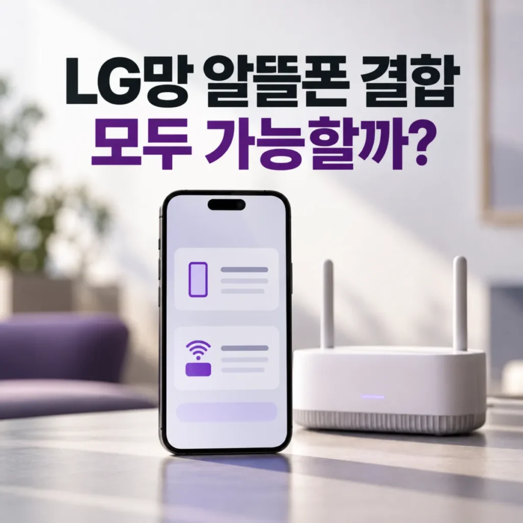 LG유플러스 알뜰폰 인터넷 결합 가능 여부를 주제로, LG망 알뜰폰 결합 안내 화면이 표시된 스마트폰과 가정용 와이파이 공유기가 나란히 놓여 있고 상단에 'LG망 알뜰폰 결합 모두 가능할까?'라는 문구가 적힌 이미지