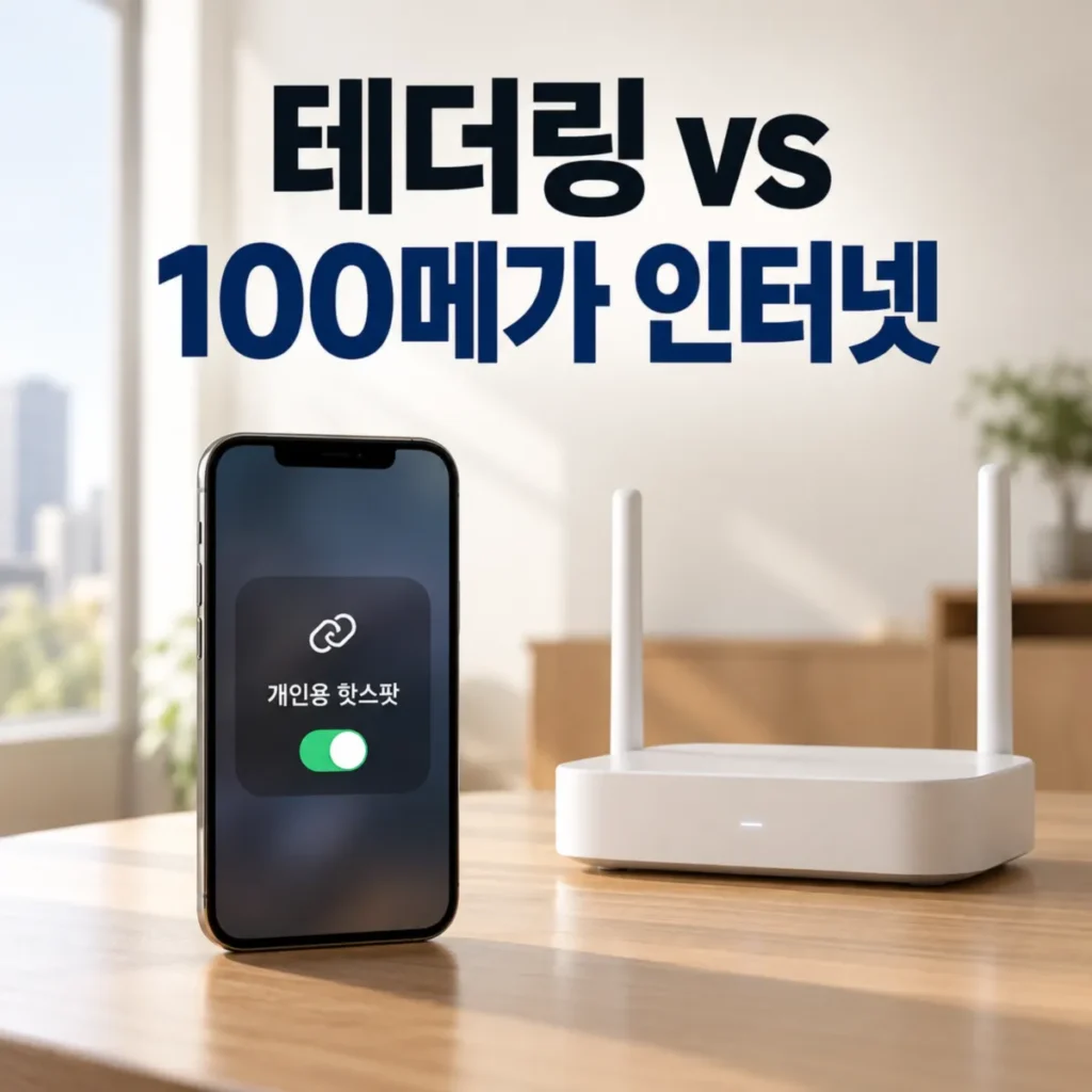 휴대폰 데이터 무제한 테더링과 100메가 가정용 인터넷의 3년 비용 비교를 표현한 이미지로, 스마트폰 핫스팟 설정 화면과 흰색 와이파이 공유기가 나란히 놓인 모습