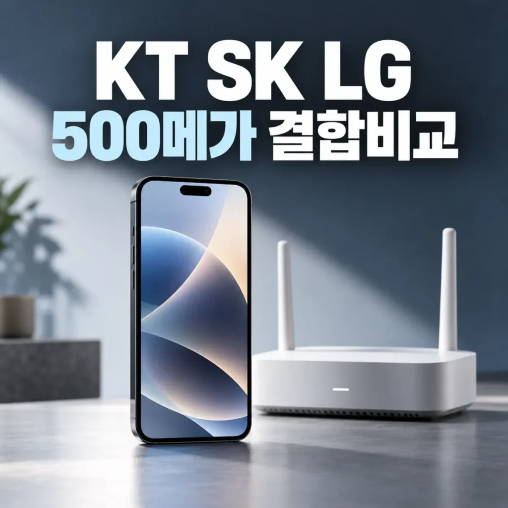 KT SK LG 휴대폰 1대 500메가 인터넷 결합 요금 비교를 주제로, 스마트폰과 와이파이 공유기를 배치하고 500메가 결합비교 문구를 표시한 이미지