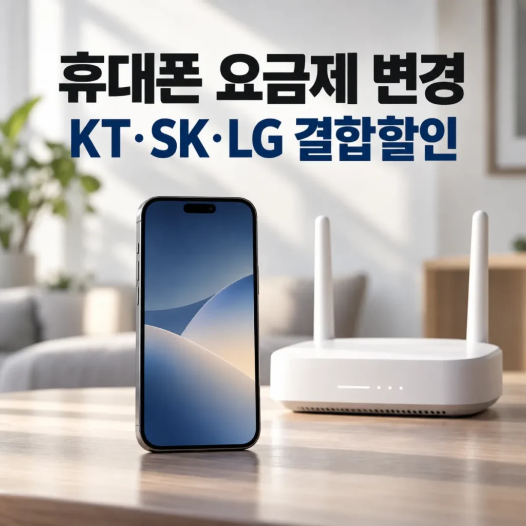 휴대폰 요금제 변경에 따른 KT·SK·LG 500메가 인터넷 결합할인 비교를 표현한 스마트폰과 와이파이 공유기 이미지