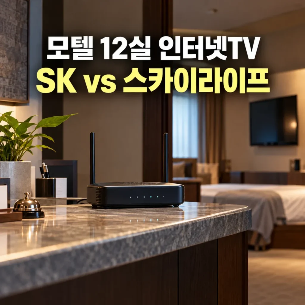 모텔 12실 인터넷 TV 다회선 가입 시 SK브로드밴드와 KT스카이라이프의 월요금 및 설치비 비교를 표현한 이미지로, 모텔 객실을 배경으로 카운터 위 와이파이 공유기와 벽걸이 TV가 배치된 모습