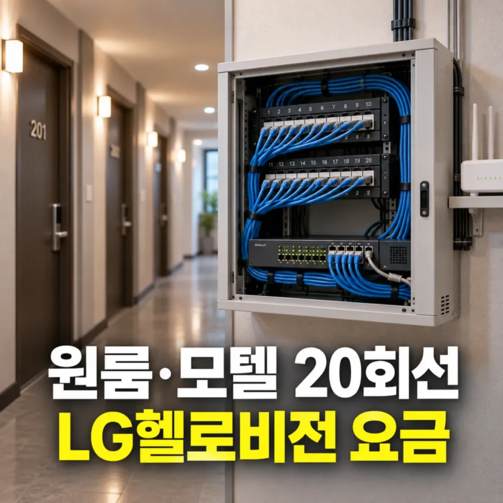 원룸·모텔 20회선 LG헬로비전 다회선 인터넷 설치 요금을 안내하는 대표 이미지로, 객실 복도에 설치된 통신단자함과 20개 회선의 랜케이블 및 네트워크 장비 모습