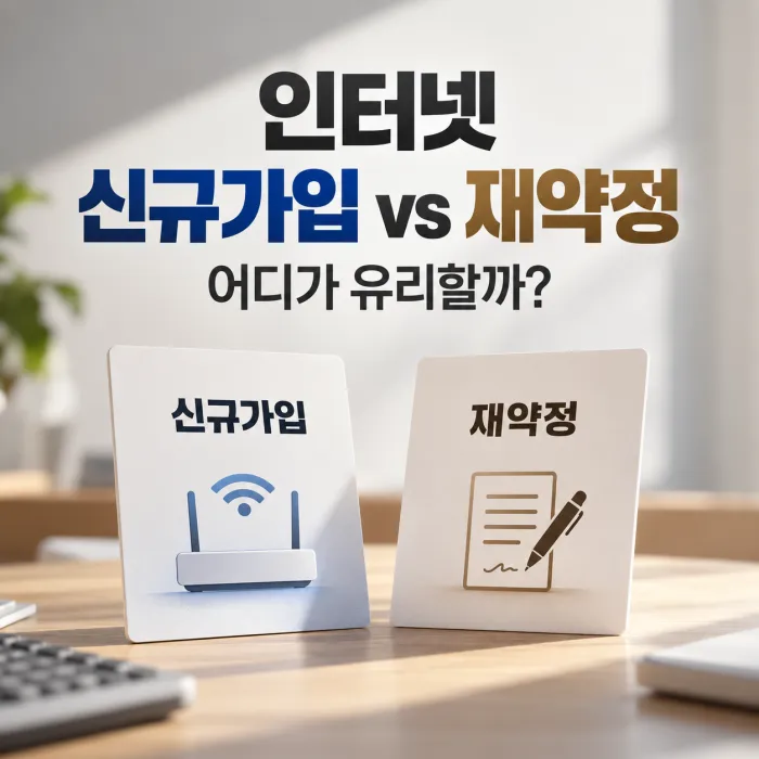 인터넷 신규가입 vs 재약정 3년 총비용과 사은품 혜택을 비교하는 이미지