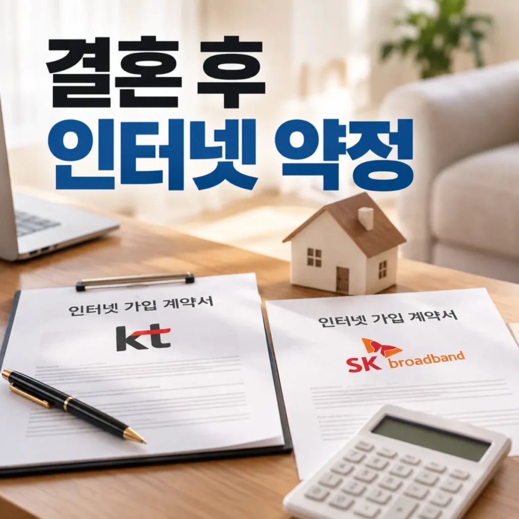 결혼 후 합가하는 신혼부부의 인터넷 약정 해지 및 이전설치 비교를 위해 책상 위에 놓인 KT와 SK브로드밴드 인터넷 가입 계약서, 계산기, 신혼집 모형