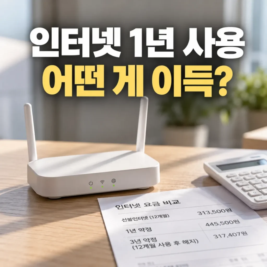 인터넷 1년 사용 시 선불인터넷과 3년 약정 비용 비교, 와이파이 공유기와 요금 비교표에 표시된 12개월 총비용 및 중도해지 위약금 반영 금액