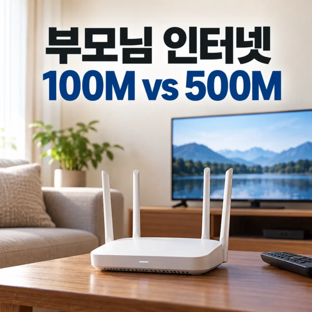 부모님 집 인터넷 100메가와 500메가 요금 비교를 주제로, 거실 TV 앞 원목 테이블에 놓인 와이파이 공유기와 부모님 인터넷 100M vs 500M 문구가 표시된 이미지