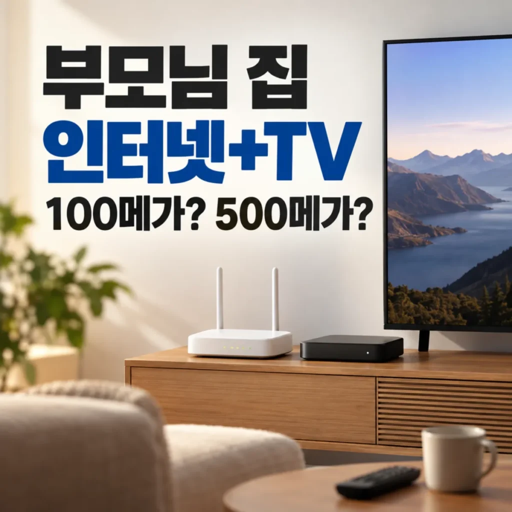 부모님 집 인터넷+TV 100메가와 500메가 선택을 비교하는 가정용 와이파이 공유기와 TV 이미지