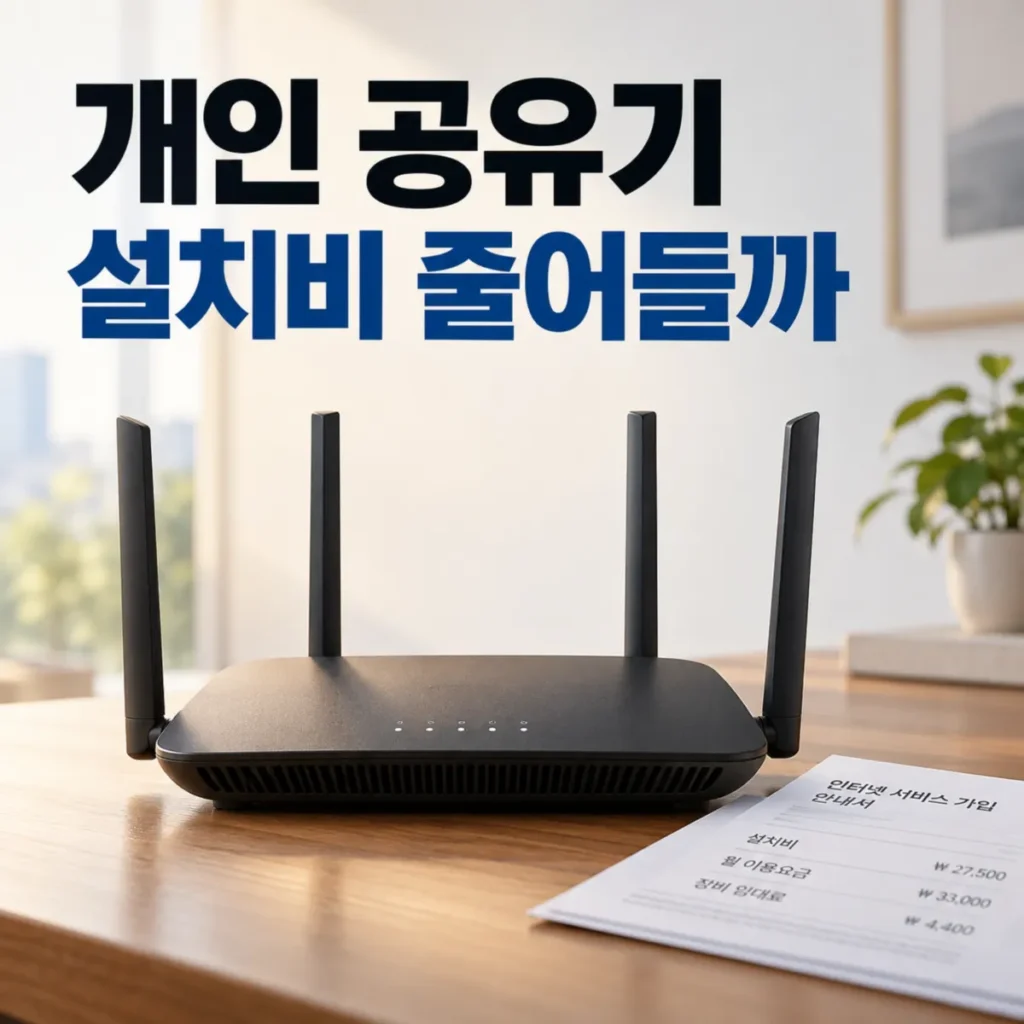 인터넷 신규가입 시 개인 공유기 사용에 따른 설치비와 임대료 차이를 비교하는 이미지로, 원목 책상 위 검은색 와이파이 공유기와 인터넷 가입 요금 안내서가 놓여 있으며 상단에 개인 공유기 설치비 줄어들까라는 문구가 표시되어 있다.