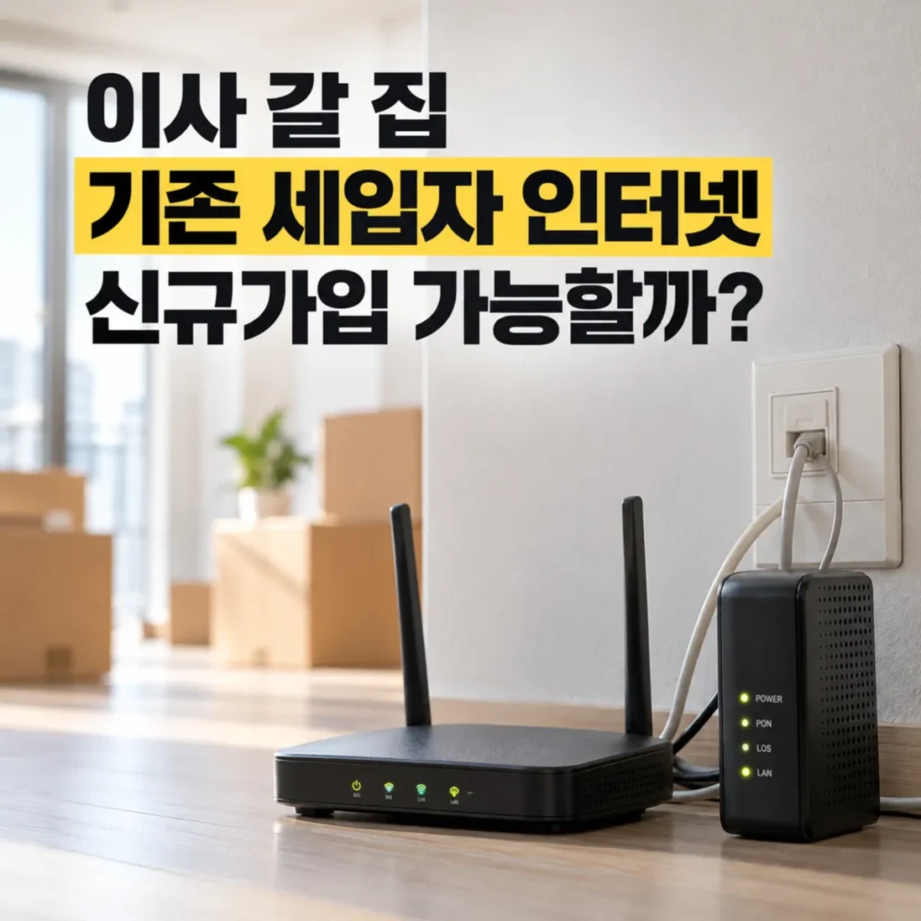 이사 갈 집에 기존 세입자가 남긴 인터넷 공유기와 모뎀이 연결된 모습, 기존 회선이 남아 있을 때 인터넷 신규가입 가능 여부 안내