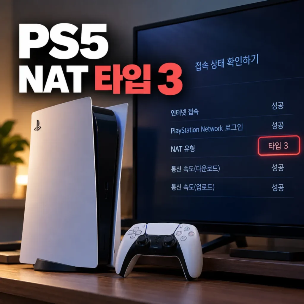 PS5 게임기와 듀얼센스 컨트롤러 옆 모니터에 NAT 타입 3 연결 상태가 표시된 모습, 플스5 멀티플레이 접속 오류 및 공유기 네트워크 설정 확인