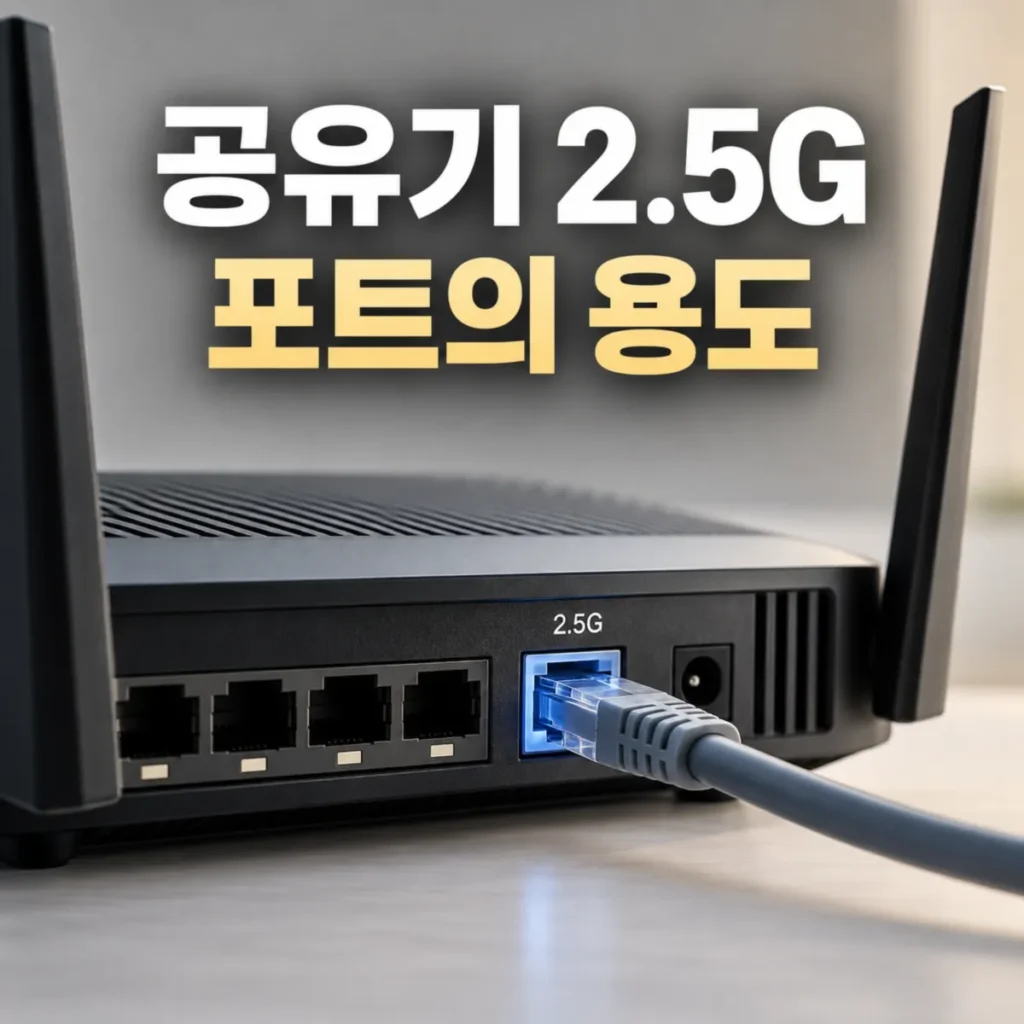 공유기 뒷면의 일반 LAN 포트와 파란색 2.5GbE 랜포트에 이더넷 케이블이 연결된 모습, 2.5G 포트의 용도와 기가비트 인터넷 연결 차이를 설명하는 이미지