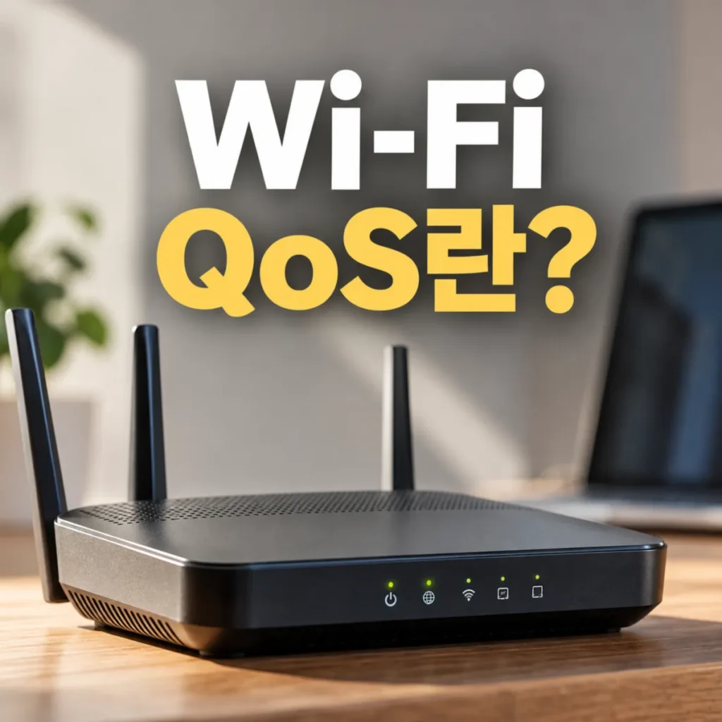 나무 책상 위에 놓인 검은색 와이파이 공유기와 공유기 QoS 설정 기능을 소개하는 Wi-Fi QoS란? 문구