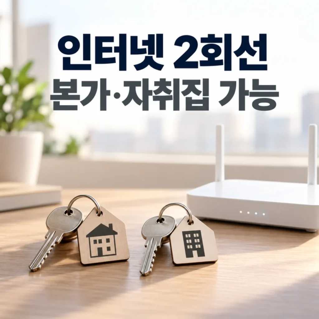 같은 명의로 본가와 자취집에 인터넷 2회선 신규가입이 가능함을 표현한 이미지로, 두 집을 상징하는 열쇠와 와이파이 공유기가 놓여 있고 '인터넷 2회선 본가·자취집 가능'이라는 문구가 표시된 모습