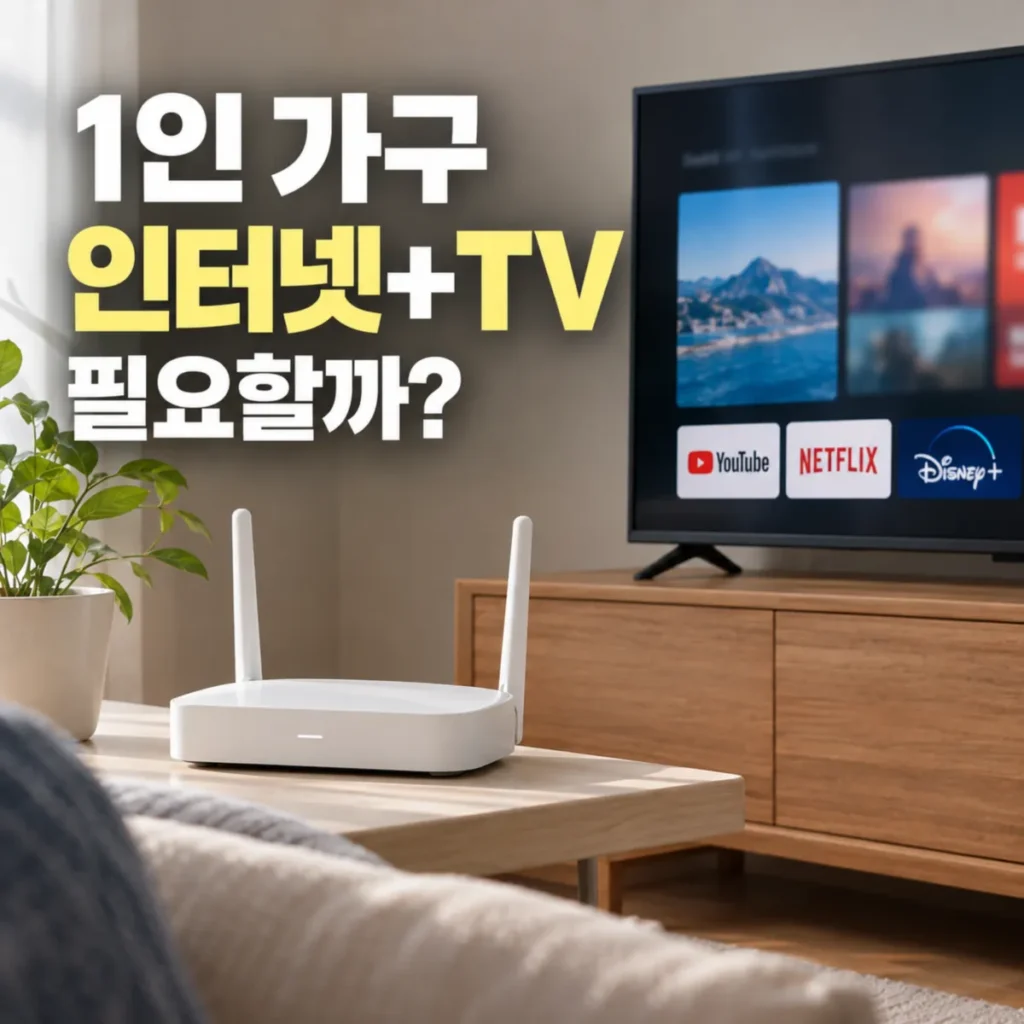 1인 가구 인터넷+TV 가입 필요성을 비교하는 거실의 스마트TV와 와이파이 공유기, 인터넷 단독과 TV 결합 선택 안내 이미지