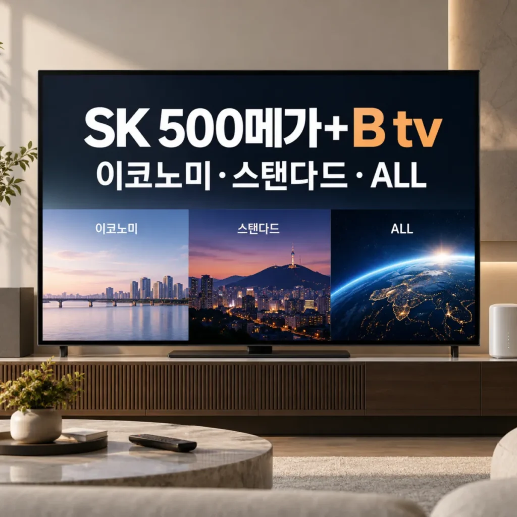 SK 인터넷 500메가와 B tv 이코노미·스탠다드·ALL 3가지 요금제를 비교하는 TV 화면이 놓인 현대적인 거실 모습