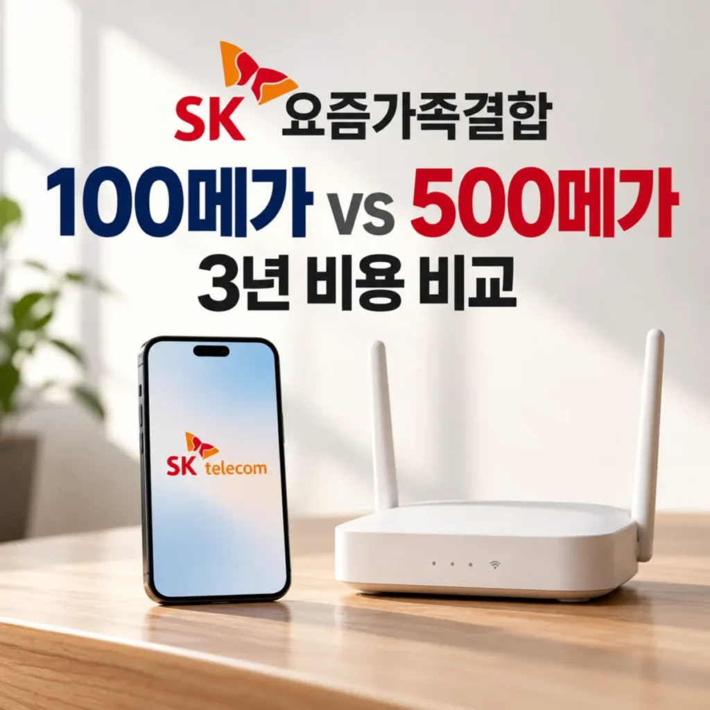 SK 요즘가족결합 휴대폰 1대 기준 인터넷 100메가와 500메가 신규가입 3년 비용 비교, 스마트폰과 와이파이 공유기 이미지