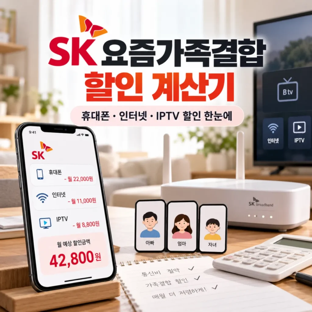 SK 요즘가족결합 할인 계산기로 휴대폰 가족결합, 100메가·500메가·1기가 인터넷 및 IPTV 결합할인 금액을 조회하는 화면