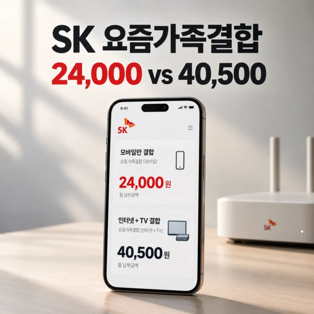 SK 요즘가족결합 휴대폰 단독 월 24,000원 할인과 인터넷·TV 결합 최대 월 40,500원 할인을 비교한 이미지로, 스마트폰 화면에 결합 유형별 할인 금액과 SK 인터넷 공유기가 표시된 모습