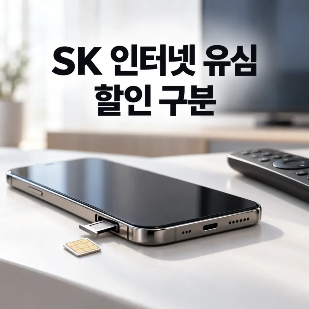 SK 인터넷 500메가 TV 가입과 휴대폰 유심 번호이동 시 지원금·선택약정·결합할인 차이를 안내하는 이미지로, 스마트폰과 유심카드, TV 리모컨이 놓인 모습