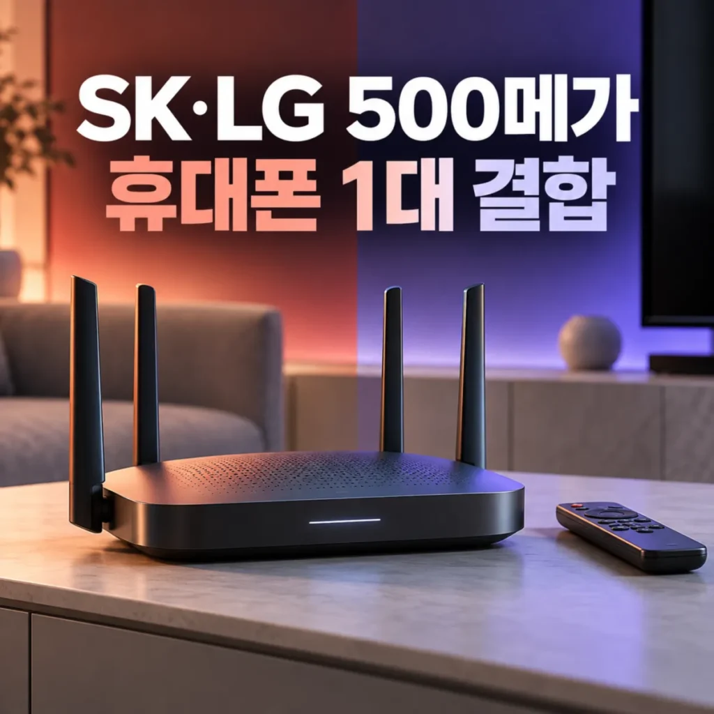 SK 요즘가족결합과 LG 휴대폰 1대 결합 시 500메가 인터넷 TV 신규가입 비용 비교를 나타낸 이미지로, 와이파이 공유기와 TV 리모컨을 배경으로 SK·LG 500메가 휴대폰 1대 결합 문구가 표시된 모습