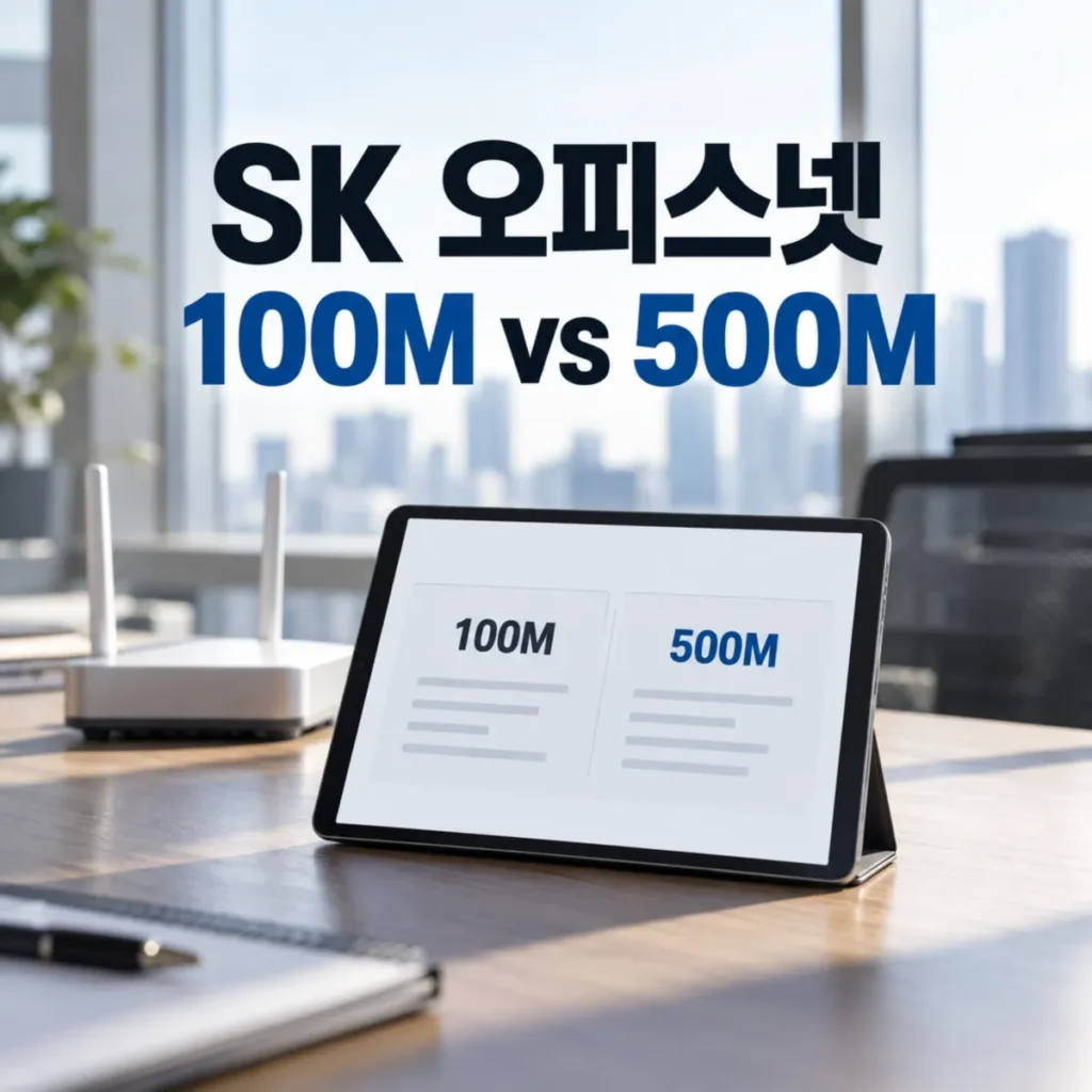 SK 오피스넷 100메가와 500메가 인터넷 요금 및 3년 비용 비교를 주제로, 사무실 책상 위 태블릿에 두 속도별 비교 화면이 표시되고 옆에 와이파이 공유기가 놓인 모습