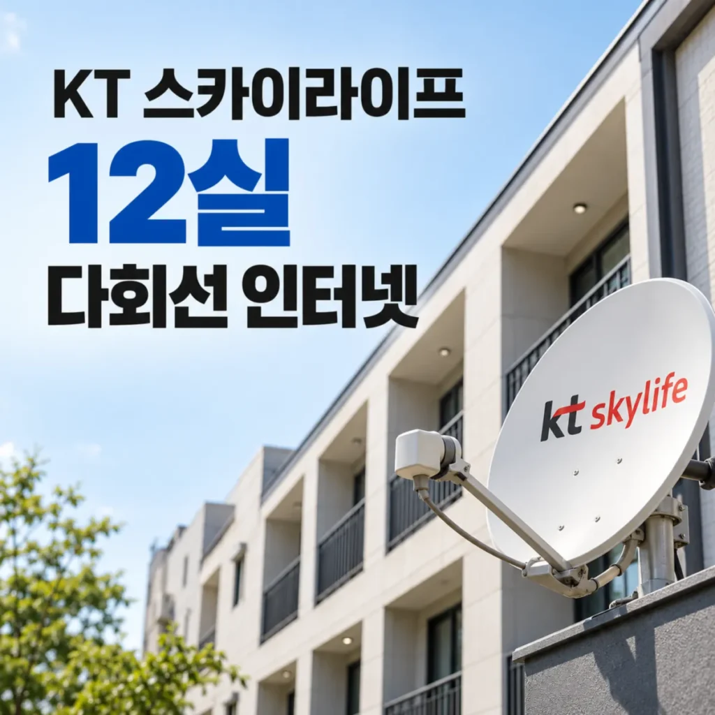 KT 스카이라이프 12실 다회선 인터넷 가입 요금과 설치비를 안내하는 이미지로, 국내 다세대 건물 외관과 스카이라이프 위성 안테나가 보이며 ‘KT 스카이라이프 12실 다회선 인터넷’ 문구가 표시되어 있다.