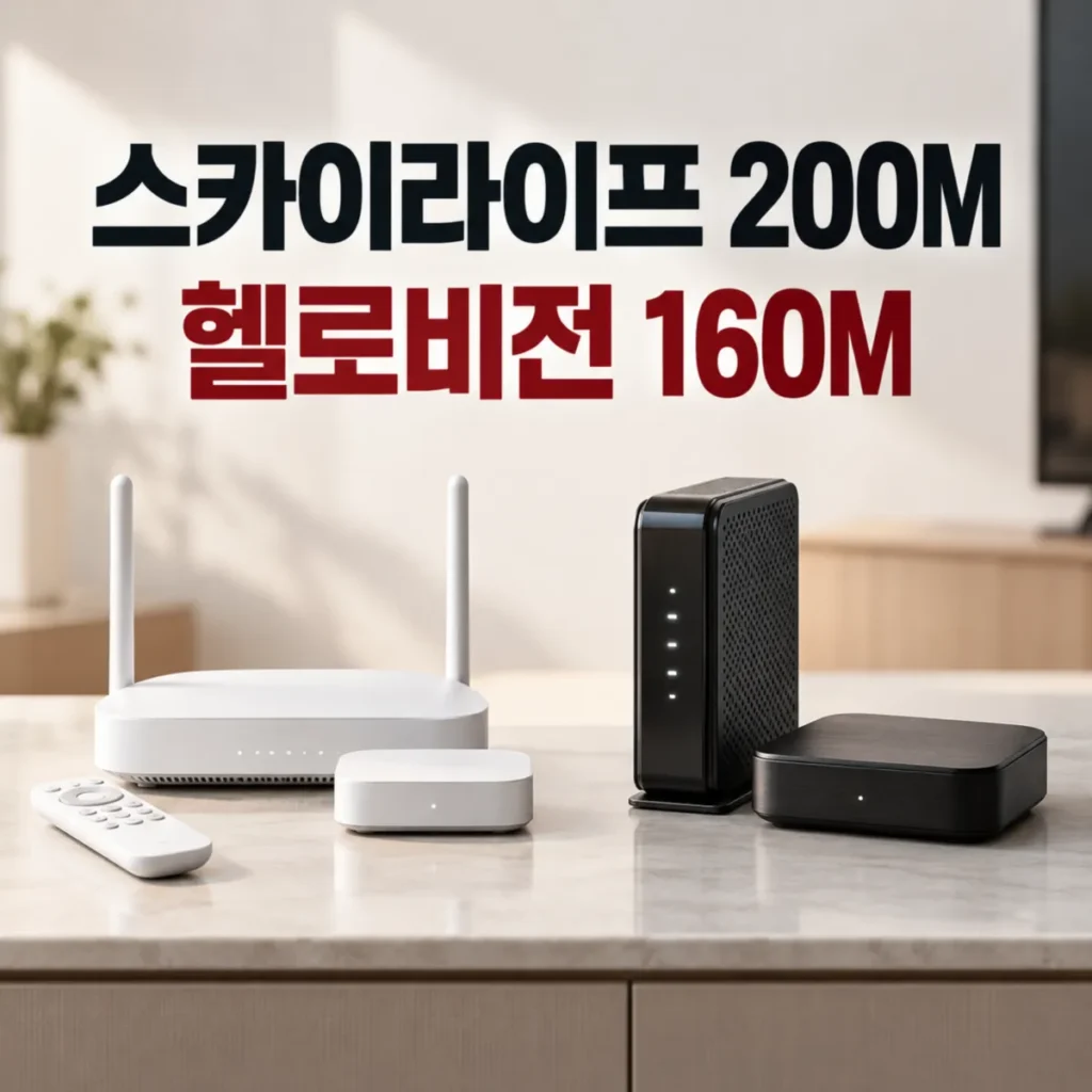 KT 스카이라이프 200메가와 LG헬로비전 160메가 인터넷 TV 요금 비교를 표현한 이미지로, 밝은 실내 테이블 위에 흰색 와이파이 공유기와 셋톱박스, 검은색 케이블 모뎀과 셋톱박스가 나란히 배치된 모습