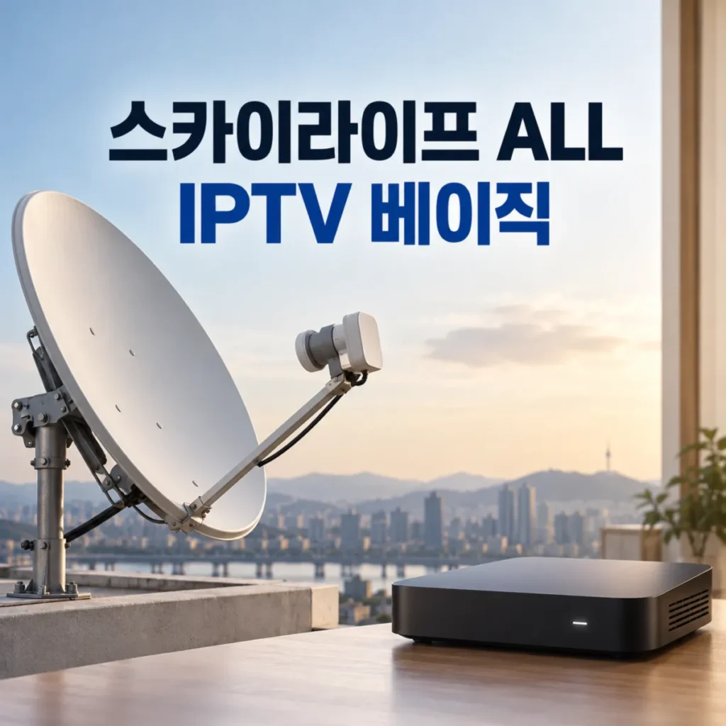 KT스카이라이프 ALL 위성방송과 IPTV 베이직 비교 이미지, 옥상에 설치된 위성접시와 IPTV 셋톱박스를 통해 방송 수신 방식 및 설치 환경의 차이를 보여주는 모습