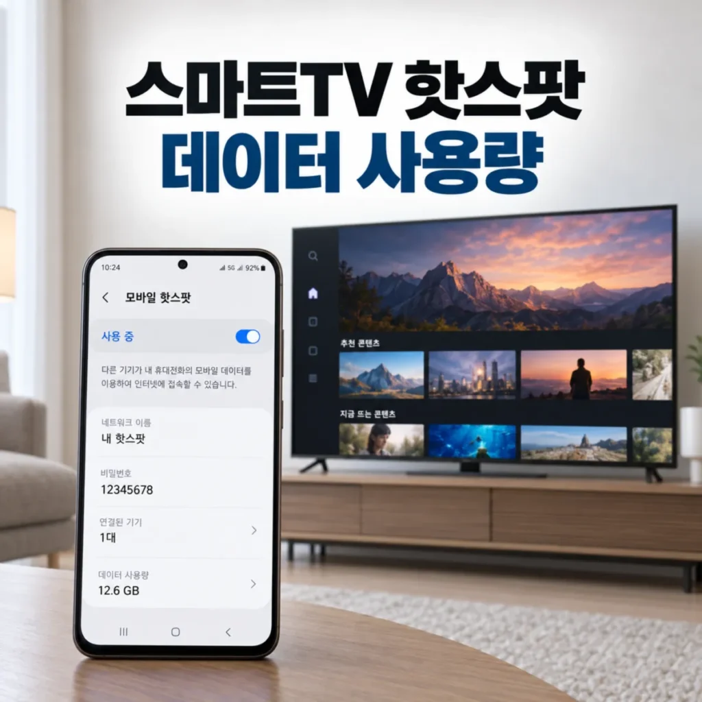 스마트폰 모바일 핫스팟을 켜서 스마트TV에 인터넷을 연결한 모습으로, TV에는 동영상 스트리밍 화면이 표시되고 스마트폰에는 핫스팟 연결 상태와 데이터 사용량 12.6GB가 나타나 있는 장면