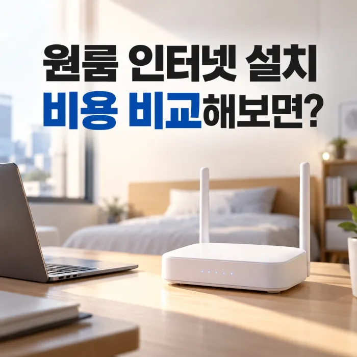원룸 인터넷 설치 비용 비교를 표현한 와이파이 공유기와 노트북이 놓인 원룸 내부 모습