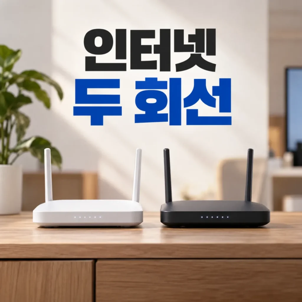 가정에서 인터넷 두 회선을 분리 설치한 모습을 표현한 두 대의 와이파이 공유기