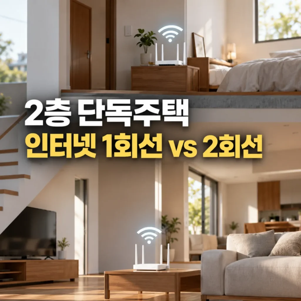2층 단독주택의 1층 거실과 2층 침실에 각각 와이파이 공유기가 설치된 모습으로, KT·SK·LG 인터넷 1회선과 2회선 사용 방식 및 설치 비용 비교를 표현한 이미지