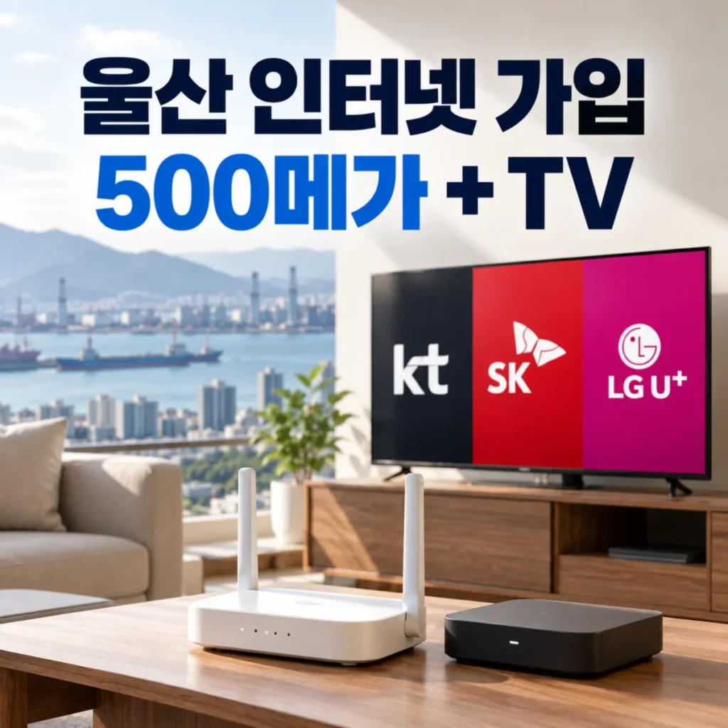 울산 인터넷 가입 사은품 및 KT·SK·LG 500메가 인터넷+TV 요금 비교를 표현한 거실 이미지, TV 화면에 통신 3사 로고와 와이파이 공유기, 셋톱박스 배치