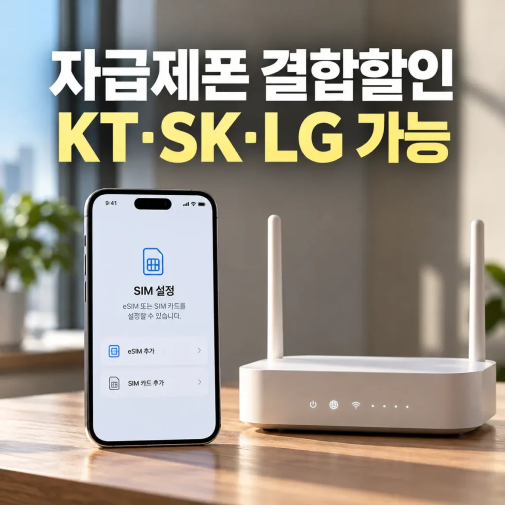 자급제폰 인터넷 결합할인 KT·SK·LG 가입 가능 여부를 안내하는 이미지로, 스마트폰의 SIM 설정 화면과 가정용 와이파이 공유기가 나란히 배치된 모습